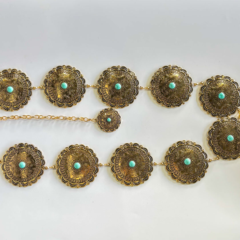 Cinturon metálico flores con punto turquesa