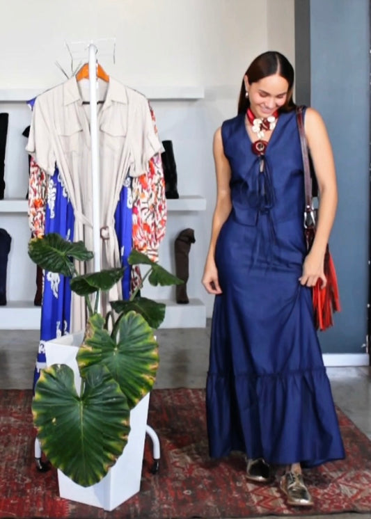 Conjunto maxi falda y blusa con lazos mezclilla
