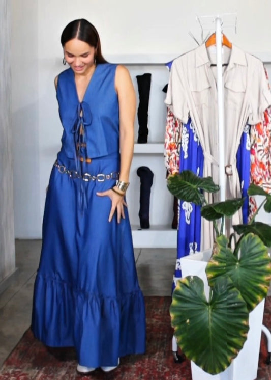 Conjunto maxi falda y blusa con lazos mezclilla