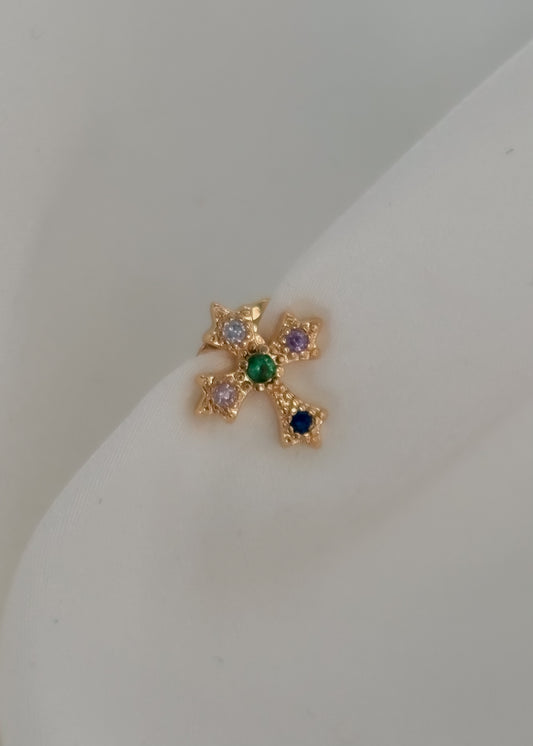 Arete mini cruz con piedritas de colores