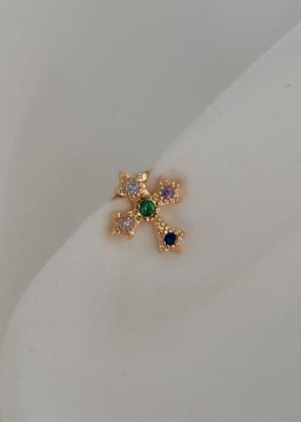 Arete mini cruz con piedritas de colores
