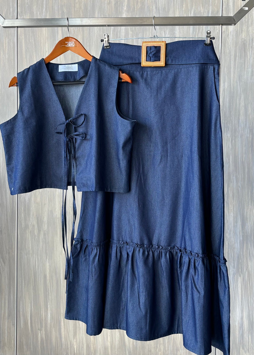 Conjunto maxi falda y blusa con lazos mezclilla