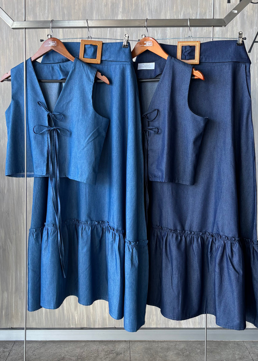 Conjunto maxi falda y blusa con lazos mezclilla
