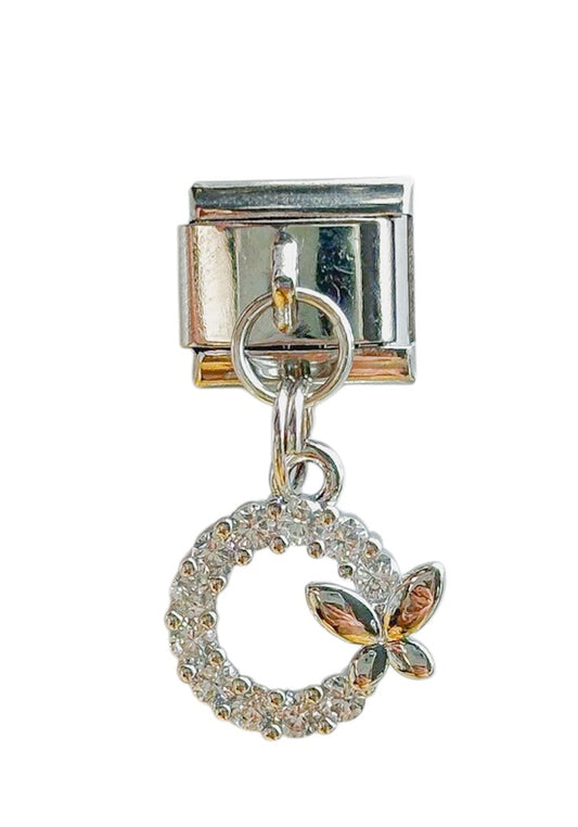 Charm con dije círculo brillos y mariposa