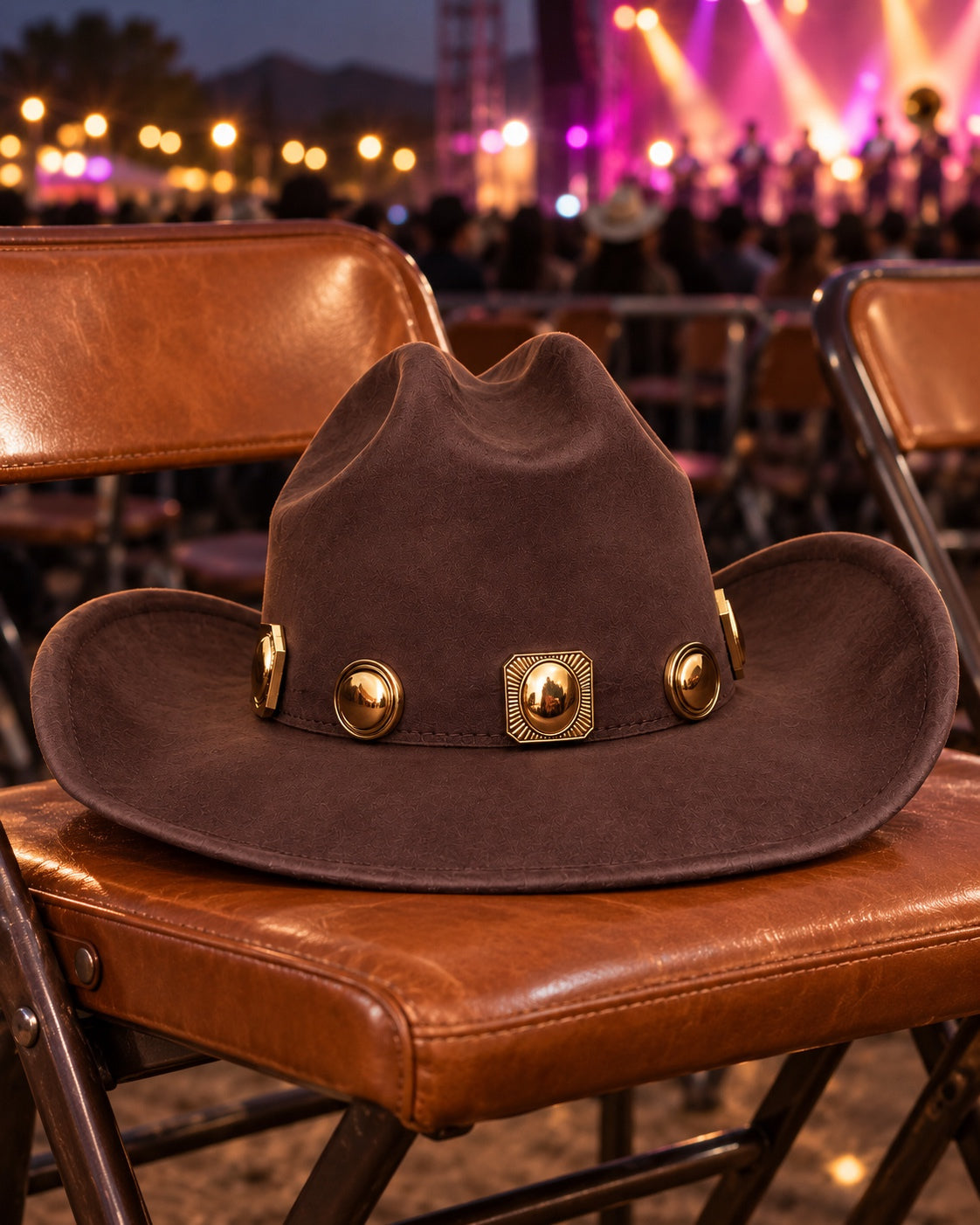 Sombrero western café con aplicaciones redondas doradas