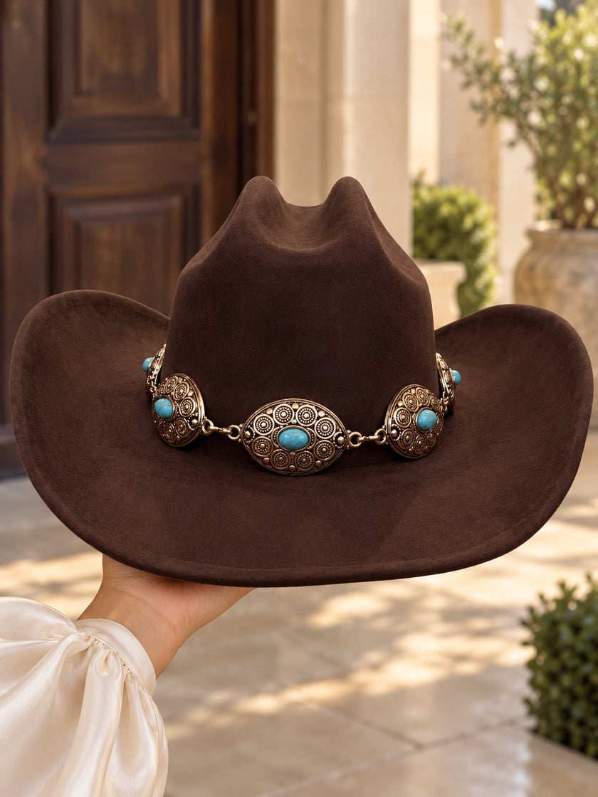 Sombrero western chocolate con detalles turquesa