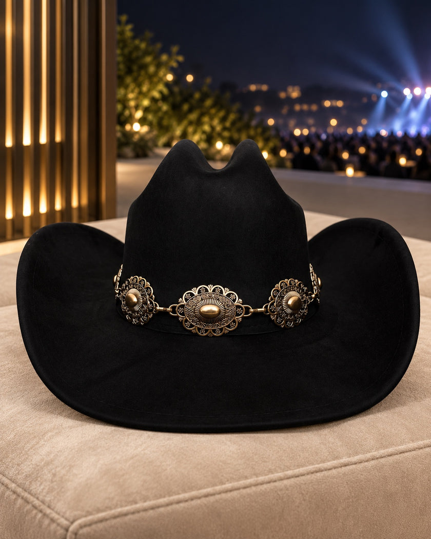 Sombrero western negro con conchos florales dorados