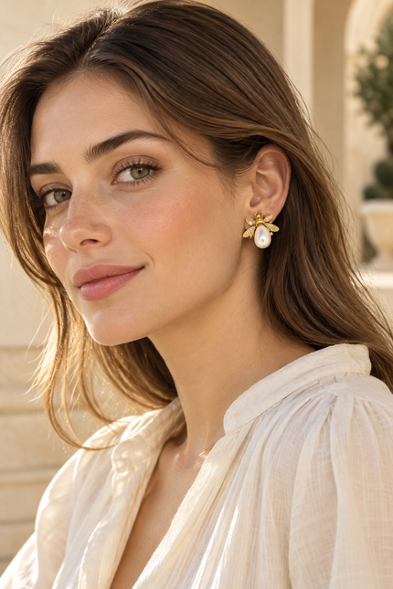 Aretes Abeja con Perla NDN1209 en modelo joven; escala aproximada.