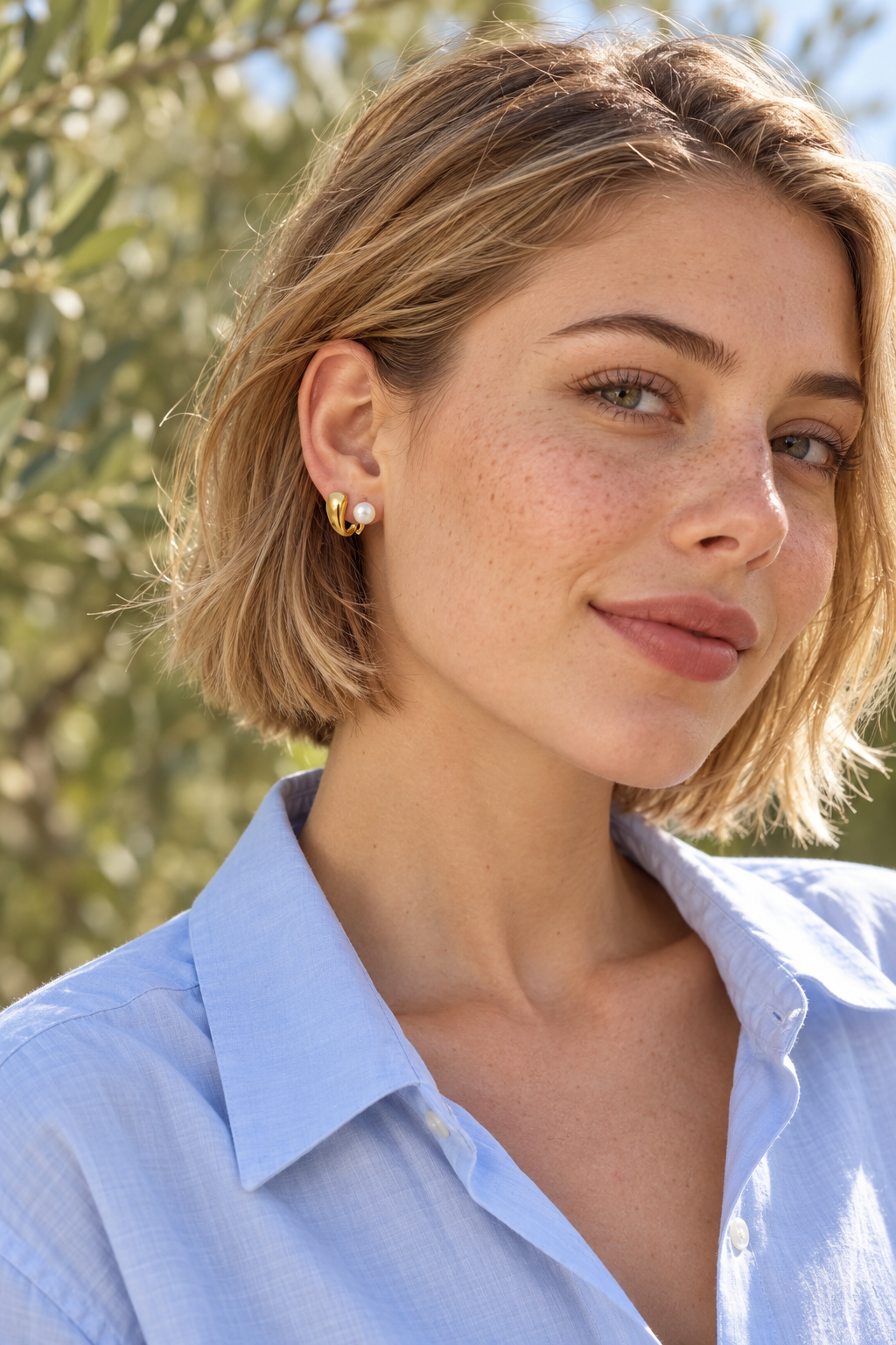 Aretes Curva Dorada y Perla en retrato exterior