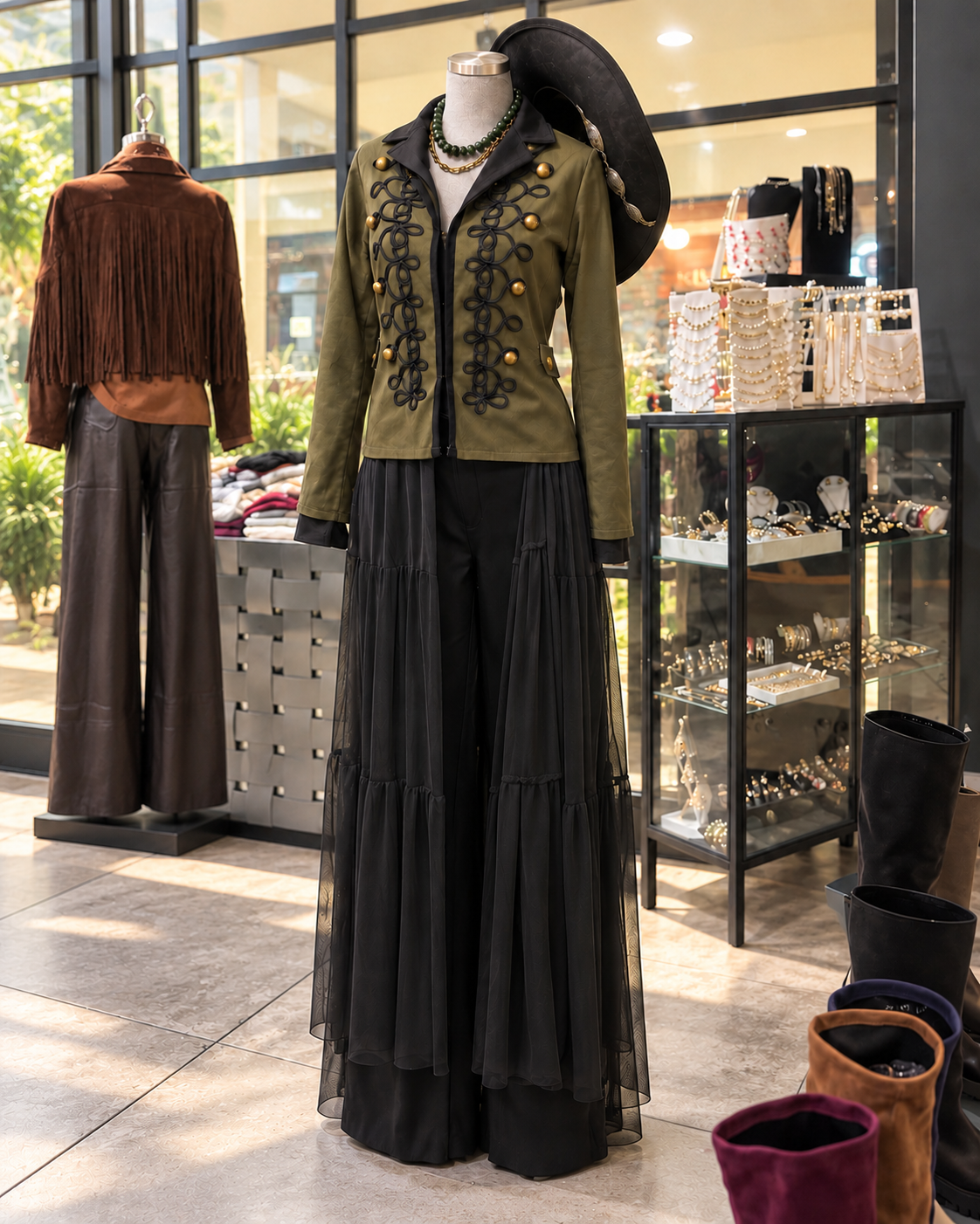 Outfit oliva y negro con sombrero en la boutique